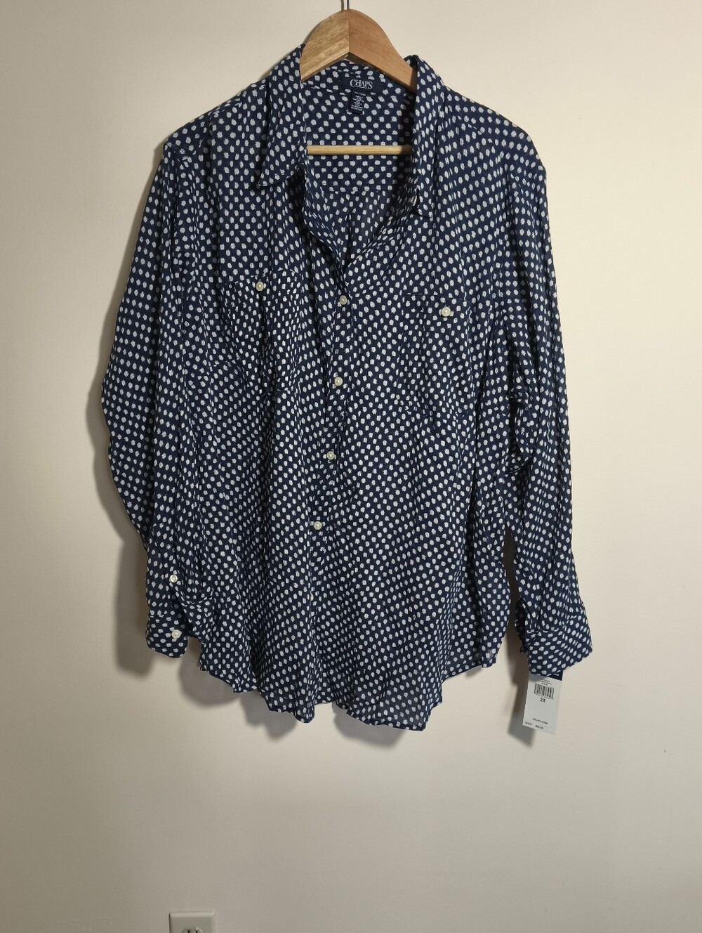NWT RL Chaps Polka Dot 100% Cotton Gauze Button Front Shirt sz 2X Navy White